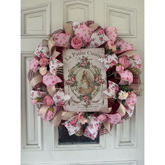 Victorian Style Vintage Bunny Rabbit Mesh Ribbon Spring Wreath, Door Hanger xxx - Picture 1 of 8
